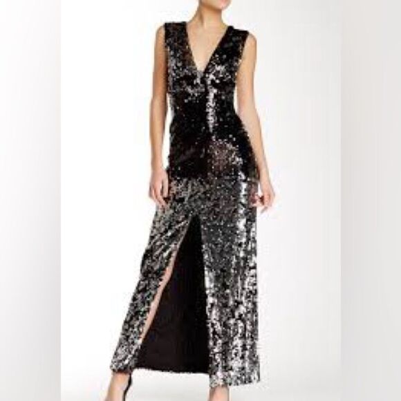 NWT Rachel‎ Zoe black and silver sequin maxi dress size 8 with front slit - Picture 5 of 15
